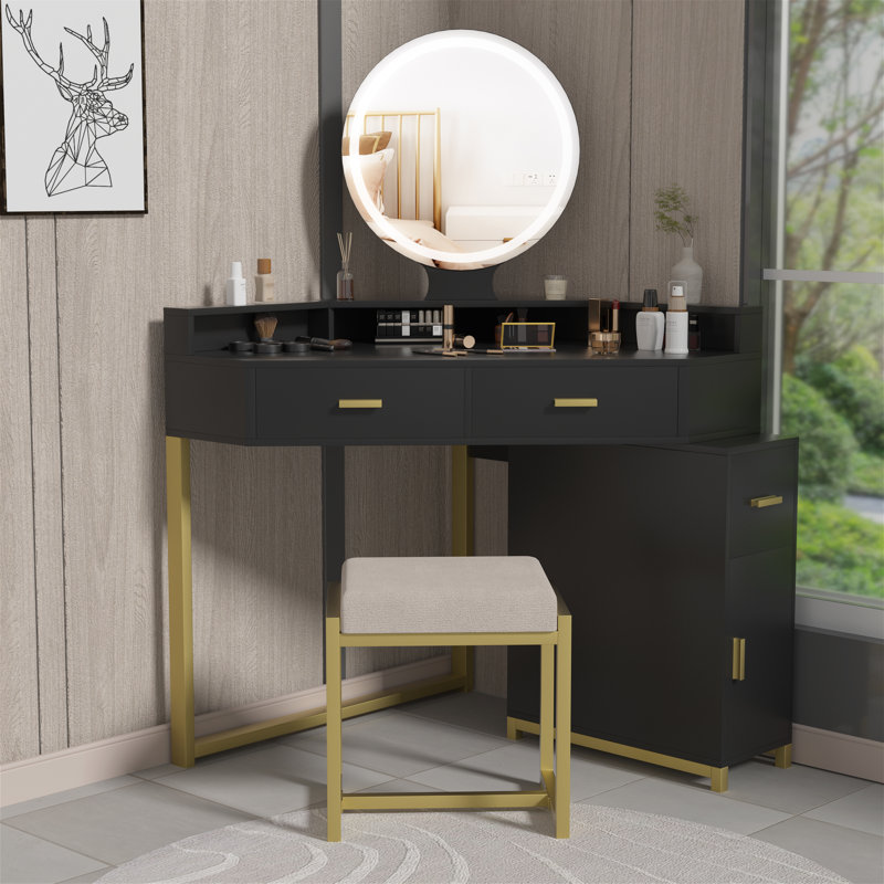 17 Stories Corner Vanity Desk with Lighted Mirror and Stool Wayfair